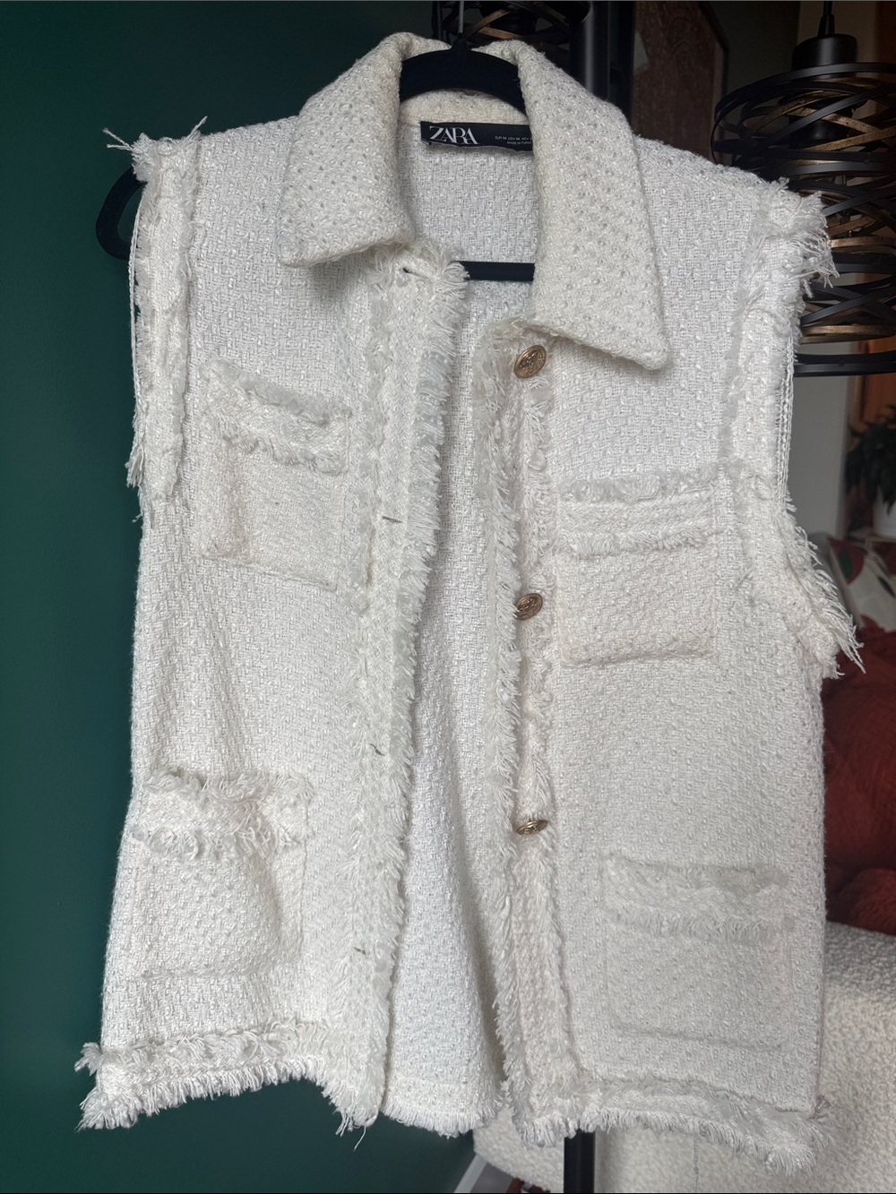 Zara Off-White Tweed Sleeveless Vest with Fringe Trim